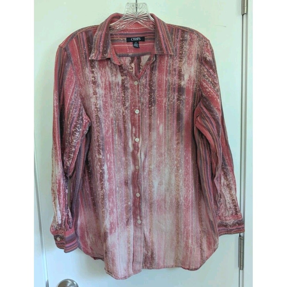 Chaps Linen Button Up Stripe Shirt L Western Cowboy Festival Cactus Southwestern